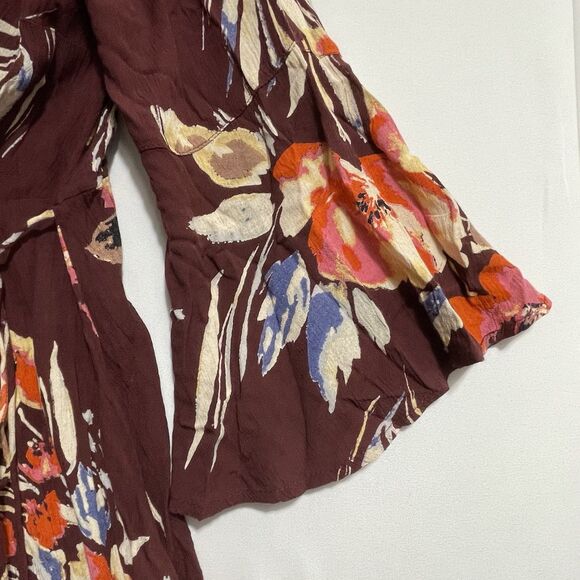 BILLABONG Floral Faux Wrap Mini Dress Flare Sleeve Cutout Back Women’s Size XS - Picture 7 of 16